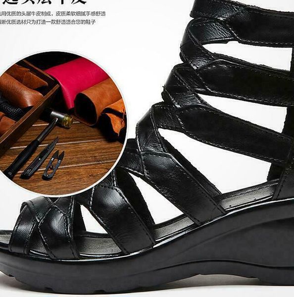 

womens wedge heel ankle strap hollow out casual shoes roma sandals boots, Black