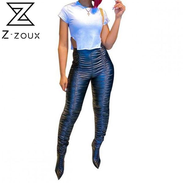 

women pants capris pleated pu high waist slim bottoming fashion zipper long leather autumn winter 210513, Black;white