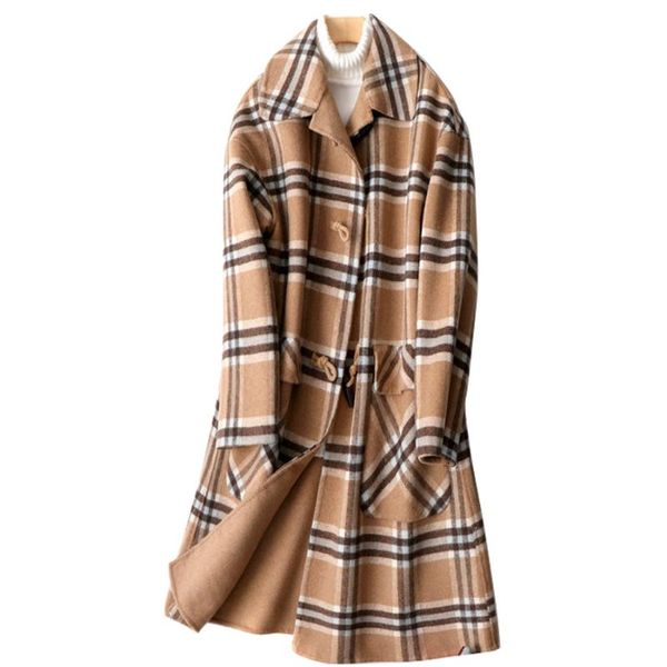 

women's wool & blends 2021 spring korea style plaid double faced cashmere long coats doll collar horn buckle women woolen, Black