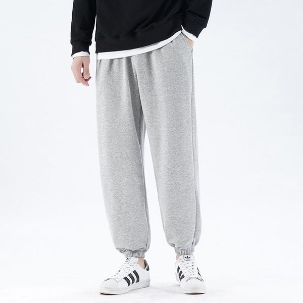 

men's pants autumn and winter cotton men fleece solid elastic waist streetwear baggy trousers casual trendy wild, Black