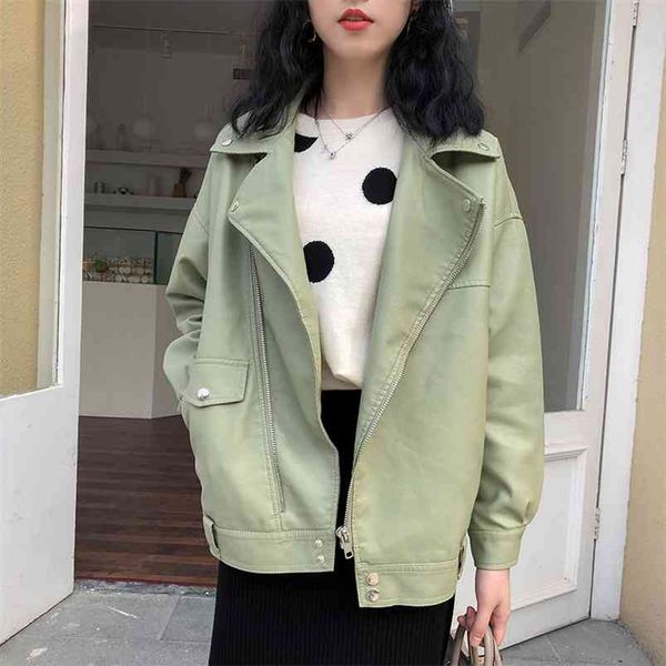 

autumn women faux leather jacket motorcycle black loose oversized bf outwear 210430