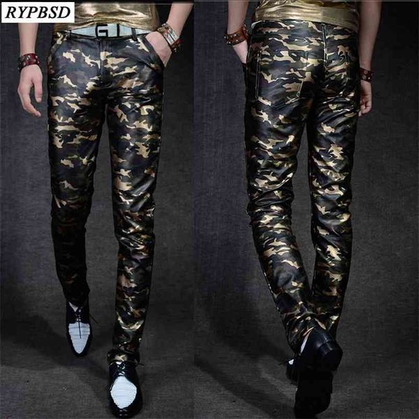 Heren Leren Broek Slim Fit Camouflage Broek Herfst Mode Casual Hoge Kwaliteit PU Faux Militaire 210715