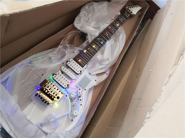 

delivery custom acrylic guitar,v7 guitar,floyd rose tremolo,acrylic body with rainbow led,maple neck with shell inlay