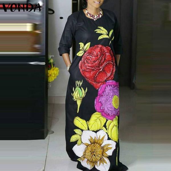 

party dresses bohemian maxi dress 2021 vonda women long sleeve casual loose floral print vestido robe femme, White;black