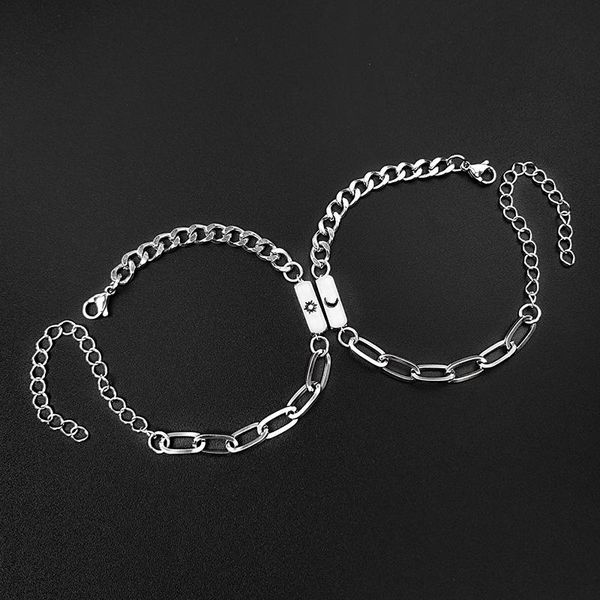 

link, chain niuyitid stainless steel sun moon matching bracelets couple for lovers adjust size men and women jewelry2pcs/set, Black