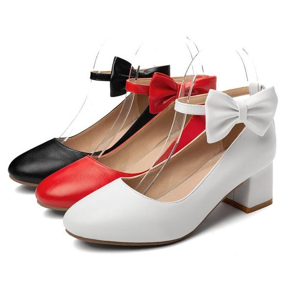 

2021 lady slippers leather new thick heel mid-heel buckle bowknot shallow mouth single shoes women foreign trade shoe 35-40, Black