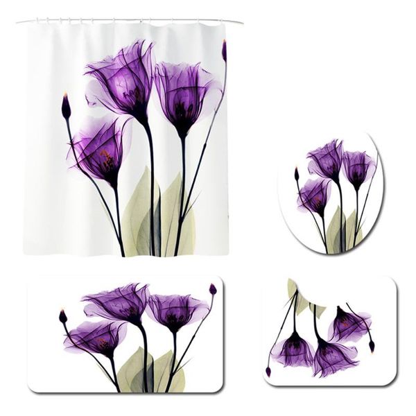 

shower curtains 4 pcs home hanging with hooks water lily curtain set protective washable household non slip bath mats flower printed