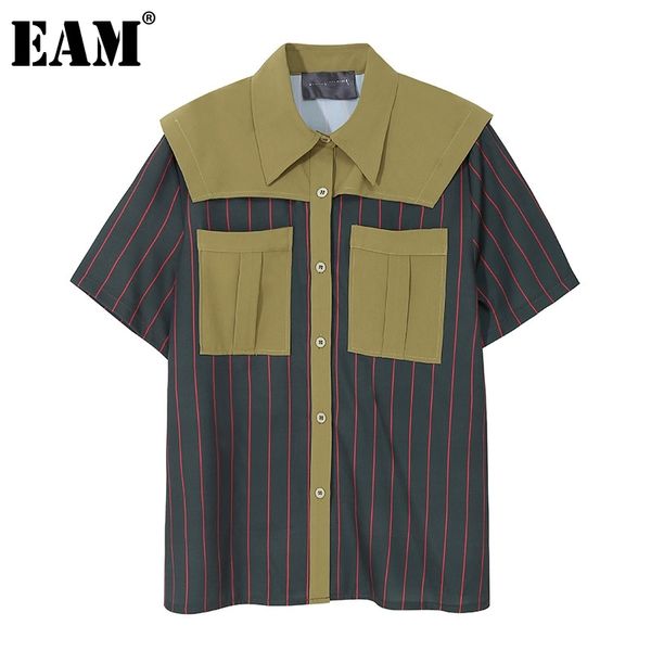 

[eam] women brown big size striped pocket blouse lapel short sleeve loose fit shirt fashion spring summer 1dd7374 210512, White