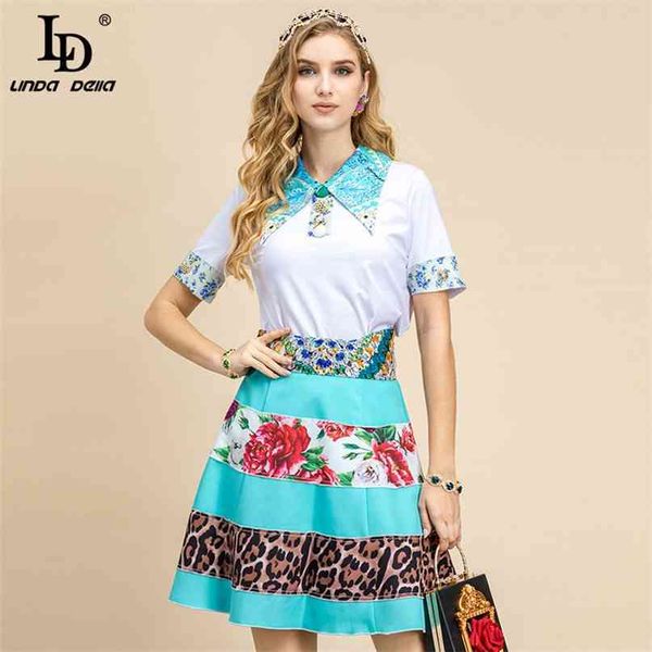 

fashion runway skirt 2 pieces sets women's elegant short sleeve white blouse and flower leopard print suit 210522
