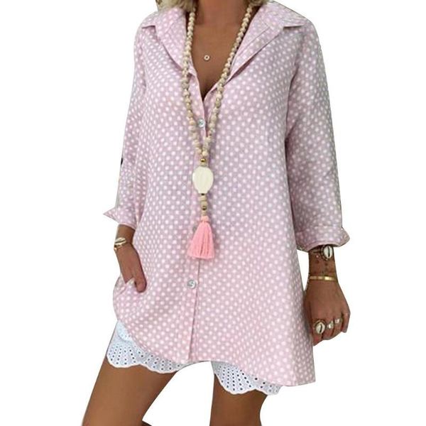 

women's t-shirt 2021 women casual long sleeve turn down collar polka dot print buttons loose shirt, White