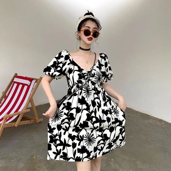 

women elegant v-neck print puff sleeve casual korean style summer high waist female boho vestidos 210517, Black;gray