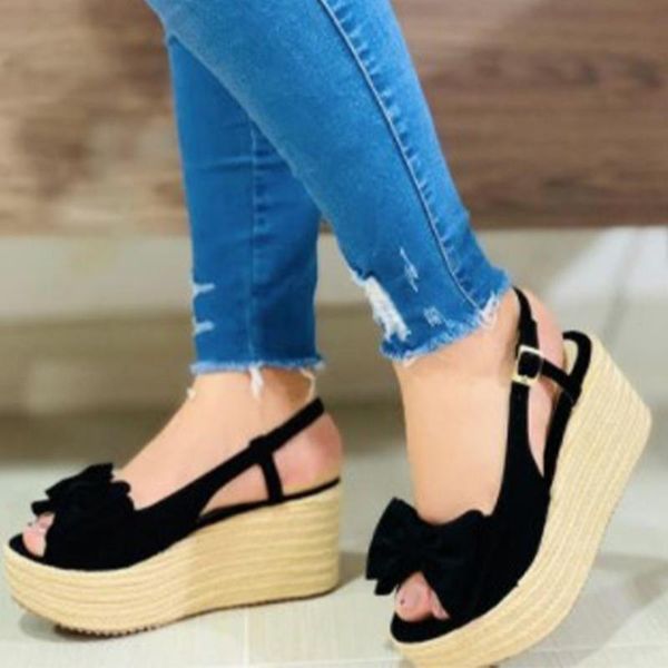 

sandals mcckle women bow-knot buckle strap platform wedges solid peep toe casual female summer shoes ladies fashion 2021, Black