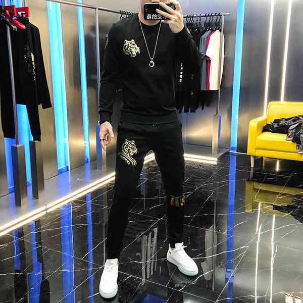 

hoodies autumn male neck leisure shirt tiger print simple pants of two suit parts for man, Black
