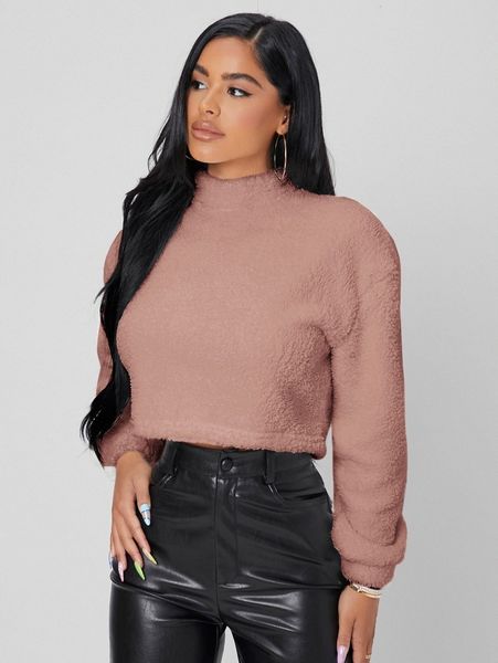 

petite mock neck drop shoulder teddy pullover d4z6#, White;black