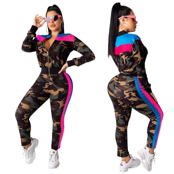 

two piece dress camouflage print vetement femme 2021 autumn winter 2 trainingspak vrouwen zipper jacket +pants calÃ§a moletom feminina, White