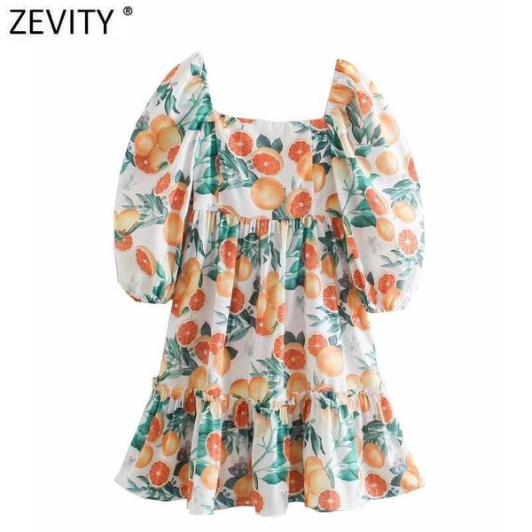 ZEVITY Kadınlar Tropikal Çiçek Meyve Baskı Elastik Mini Elbise Kadın Chic Geri Fermuar Plise Ruffles Beach Vestido DS5062 210603