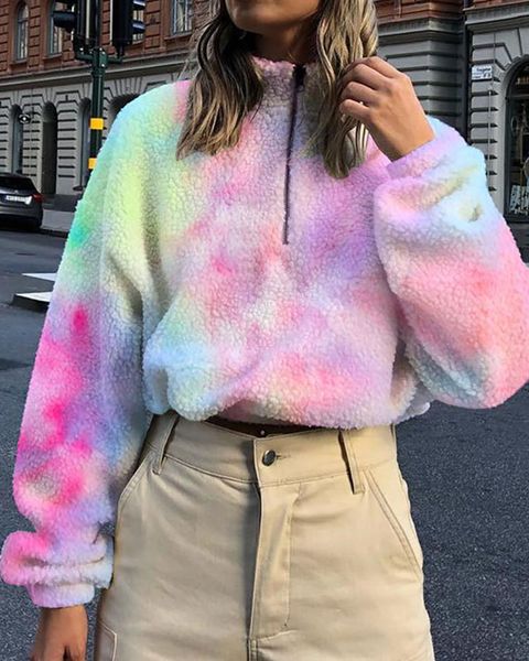 

women's hoodies & sweatshirts tie dye print turtleneck fluffy sweatshirt women winter autumn long sleeve zipper casual pullover top, Black