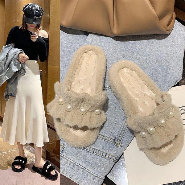 

slippers shoes womens outdoor winter footwear string bead flock pantofle luxury slides fur flip flops flat soft 2021 designer, Black