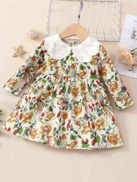 

baby floral and bird print eyelet embroidery dress she, Red;yellow