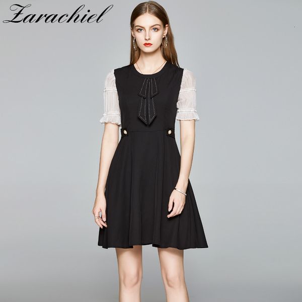 

dresses ladies vintage mesh sleeve round collar bow summer female slim waist a line mini es for women sweet, Black;gray