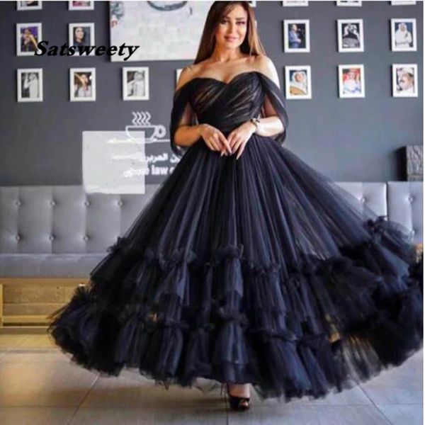 

black prom dresses 2023 off the shoulder tiered tulle evening formal dress custom made dubai party gown