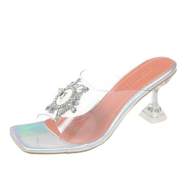 

slippers summer transparent women's fashionable simple and casual all-match rhinestones elegant heeled, Black