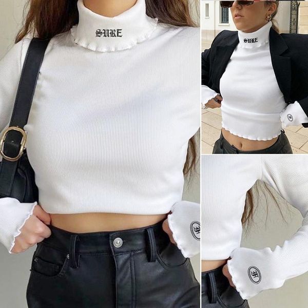 

women's t-shirt fashion printed high neck slim short long sleeve white