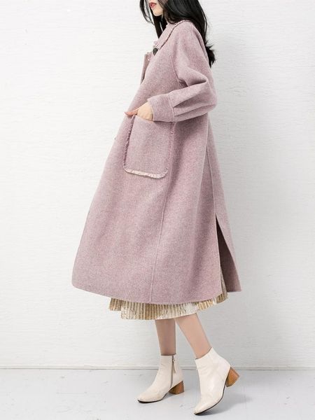 

women's wool & blends hepburn off-season winter high-end fashion long knee purple double-sided tweed coat cashmere, Black