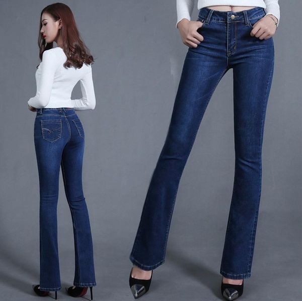 

women's fashion casual jeans slim fit flared solid tight pants versatile, Blue