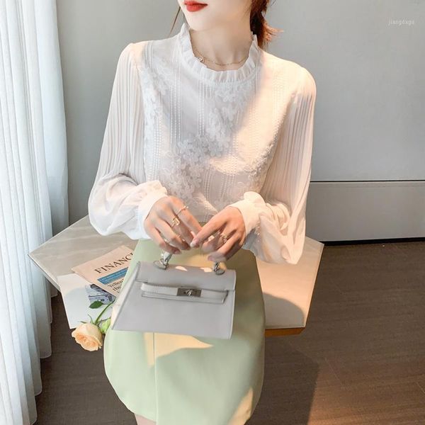 

women's blouses & shirts autumn shirt ruffled lace stitching pressure pleated lantern sleeve chiffon fairy, White