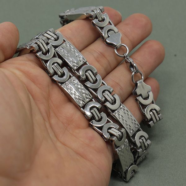 

silver 11mm flat byzantine chain men's stainless steel jewelry set