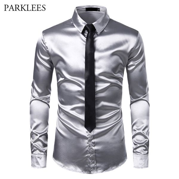 2 pezzi camicia di seta argento + cravatta uomo camicie da smoking in raso liscio casual abbottonatura uomo camicie eleganti festa di nozze prom chemise homme 210708