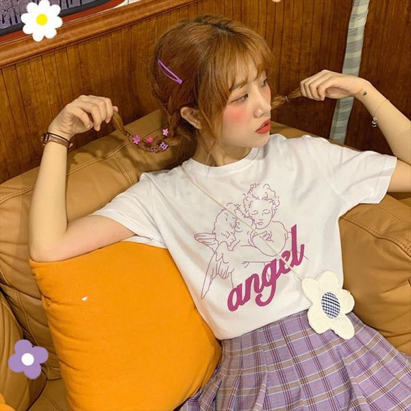 

tumblr kawaii angel pink cute womens sweet print summer ulzzang vintage harajuku chic loose e girl streetwear o neck, White