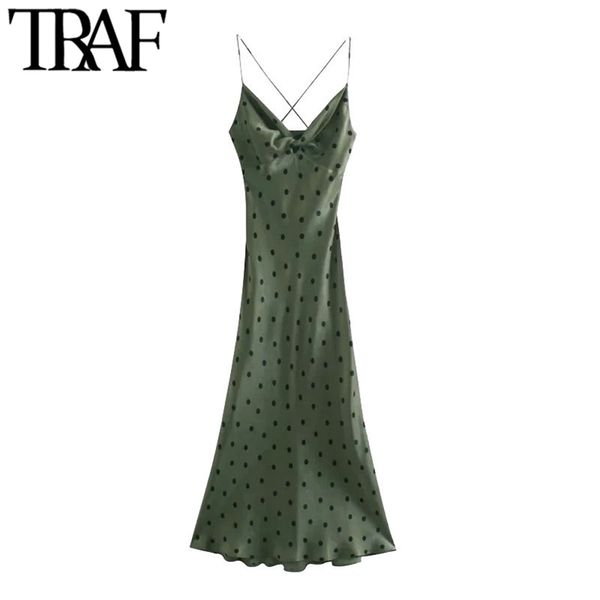 

traf women chic fashion with knot polka dot midi dress vintage backless cross thin straps female dresses vestidos mujer 210415, Black;gray