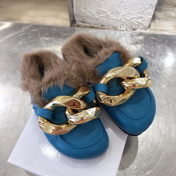 

cozy fluffy wool lining flat slippers women genuine leather gold chain warm fur mules winter outdoor comfort casual shoes unisex, Black