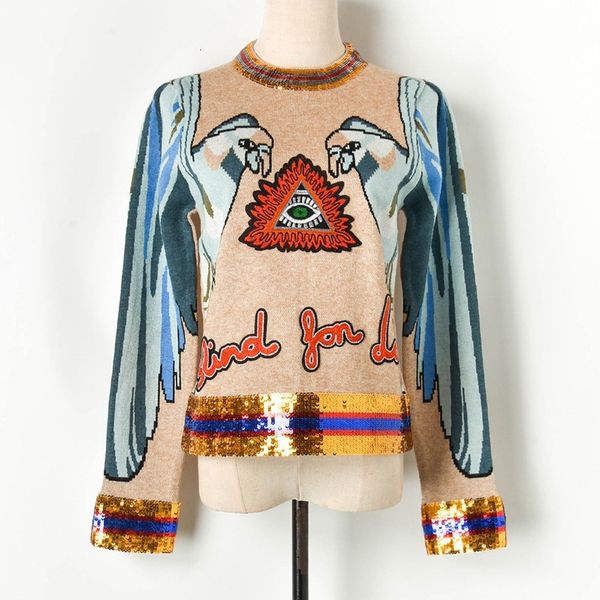 

ladies of knitted or crocheted contrast sequins parrot eyes mesh women's sweater, White;black