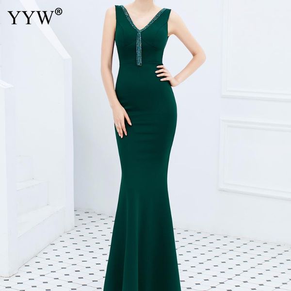 

party dresses deep v neck elegant evening dress women sleeveless sequined mermaid formal gowns solid ladies slim floor-length, White;black