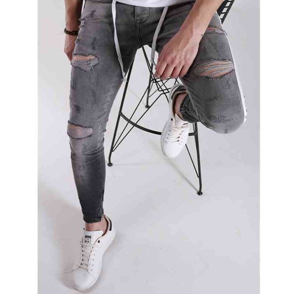 

70% off outlet online men skinny blue jeans biker destroyed frayed denim ripped side stripe pencil pants hip hop streetwear elastic force