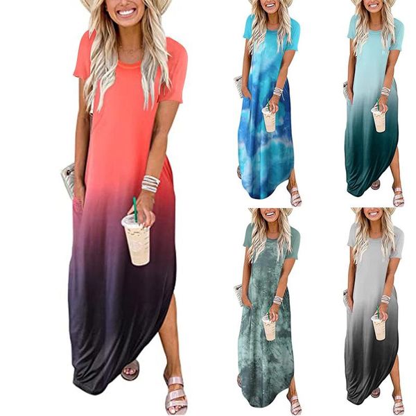 

casual dresses women gradient colours pocket long dress sleeveless split maxi vestidos for femela boho beach holiday, Black;gray