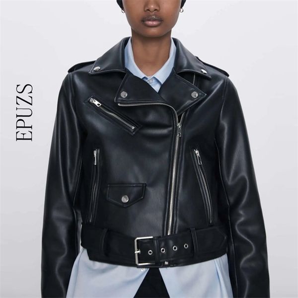 Za Женщины черная искусственная кожаная куртка мотоцикл уличная одежда с длинным рукавом молнии байкер 210521