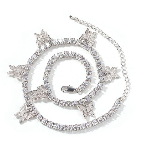 

fashion butterfly tennis chain necklace mens womens hip hop jewelry gold silver pink iced out diamond chains necklaces, Black