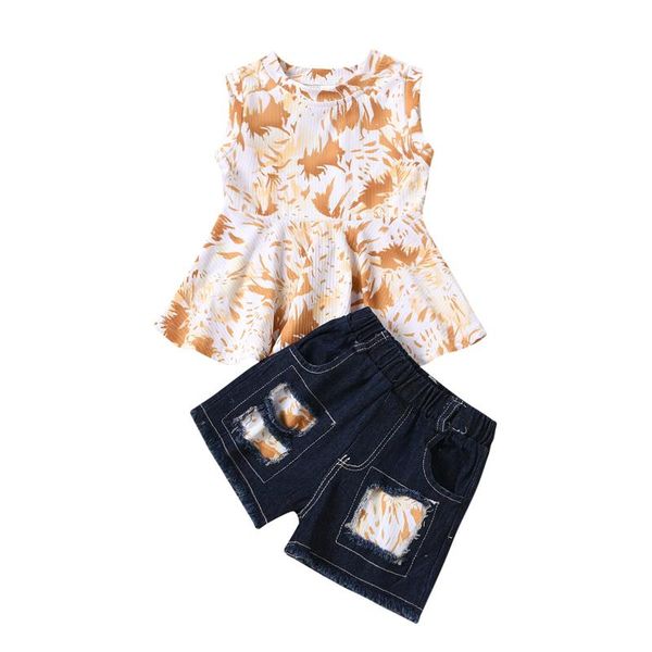 

clothing sets 2pcs kids suit girls floral print round collar sleeveless pullover+ denim shorts summer girl clothes children set, White