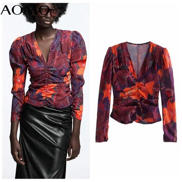 

women's blouses & shirts aomo women retro pleated v neck crop shirt 2021 chic female je60a, White