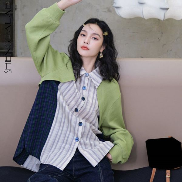 

women's blouses & shirts striped blouse spring lapel long sleeve patchwork contrast color single breast loose shirt female zsxi, White