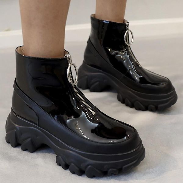 

boots high platform handmade genuine leather women round toe chunky heels patent women's shoes height increasing, Black