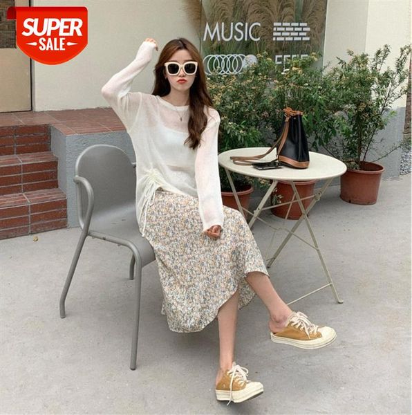 

sun protection cover, drawstring thin inner see-through blouse sweater + floral skirt #6q1a, Black