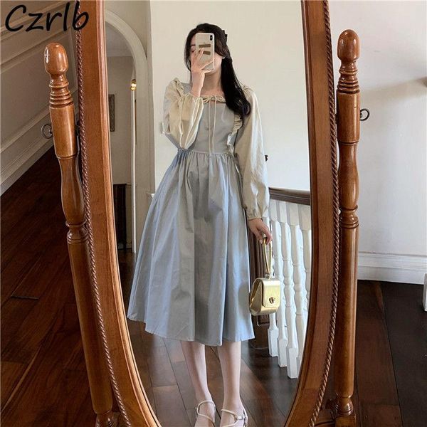 

casual dresses long puff sleeve dress women ruffles elegant square collar fashion patchwork design ulzzang tender mid-calf autumn ins, Black;gray