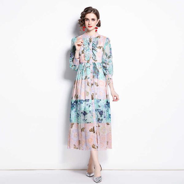 

women summer designer elegant lantern sleeve casual party robe female holiday printed floral chiffon shirt maxi dress vestidos 210525, Black;gray