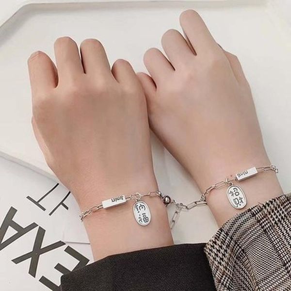 

link, chain 2pcs/set couple magnet attract creative bracelet stainless steel friendship men women charm jewelry lover gift, Black