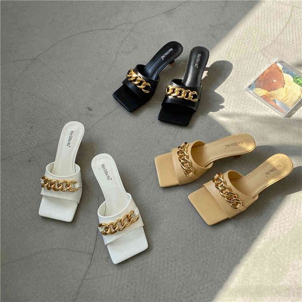 

fashion women square toe slippers metal chain shallow slip on low heels black/yellow/white casual slides slippers elegant slides 210513